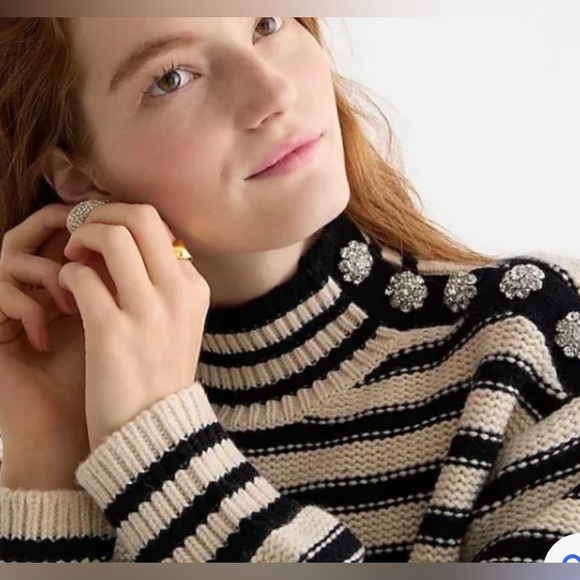 J.Crew NWT Cable Knit Mockneck Pullover Striped Sweater Jewel Buttons Size L - Picture 3 of 3
